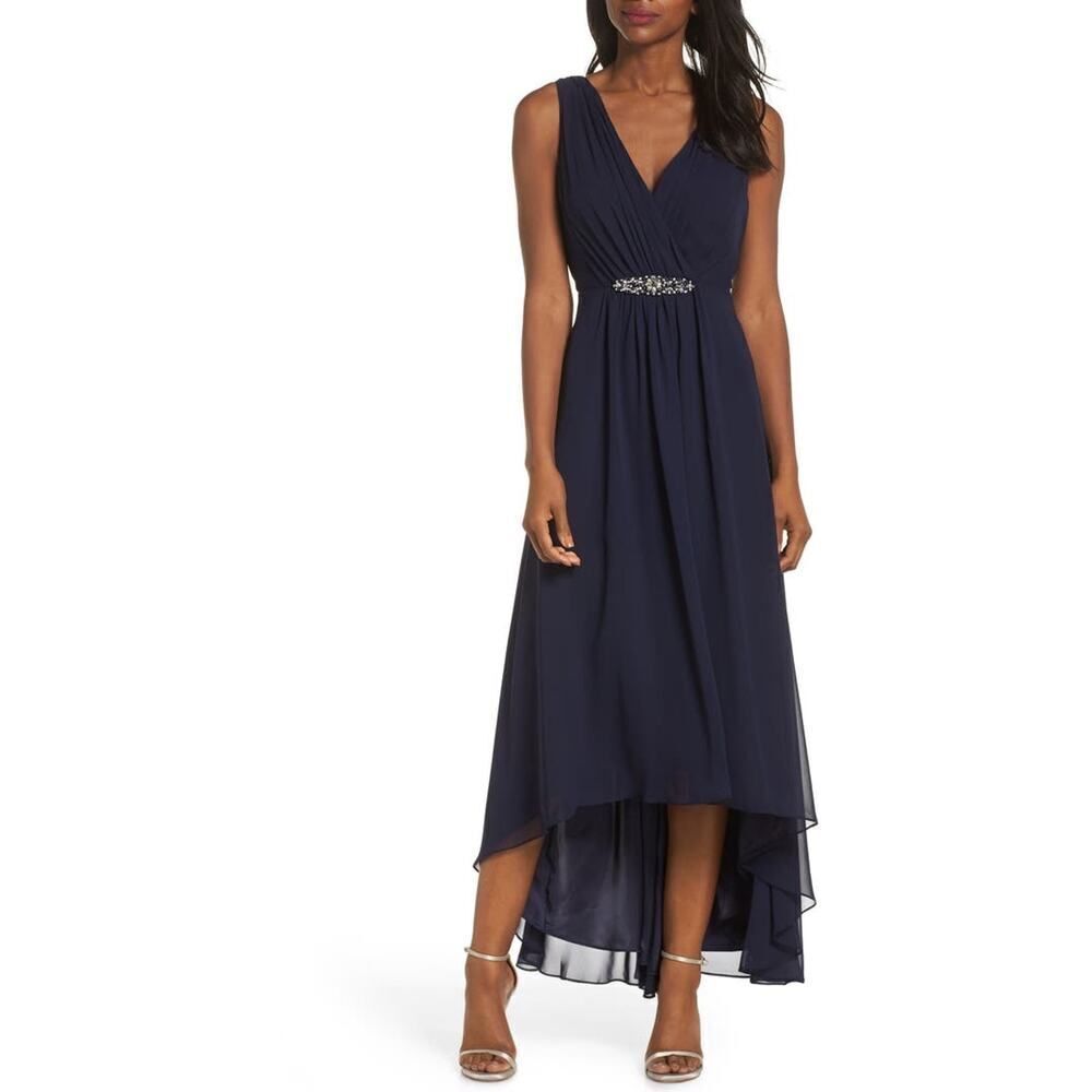 Eliza J Crystal Detail High-Low Gown Women's 8 Navy Blue Sleeveless V-Neck NWT